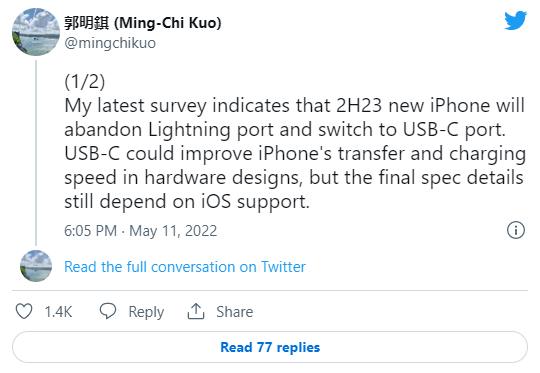 郭明錤爆料称iPhone 15将放弃Lightning改用Type-C