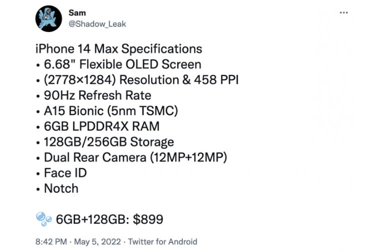 iPhone 14 Max、iPhone 14硬件参数曝光：A15芯片+90Hz刷新率6.7寸屏幕
