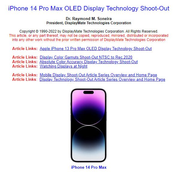 iPhone 14 Pro Max获得DisplayMate最佳智能手机屏幕奖