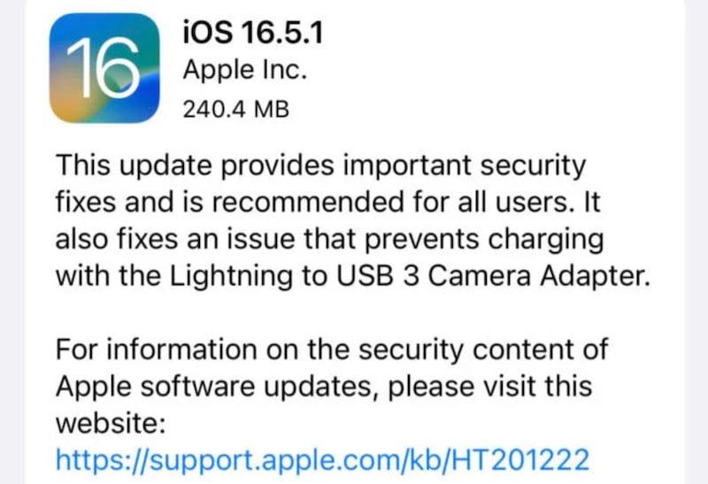 苹果推出 iOS 16.5.1 固件更新：修复Lightning转USB 3相机转换器问题