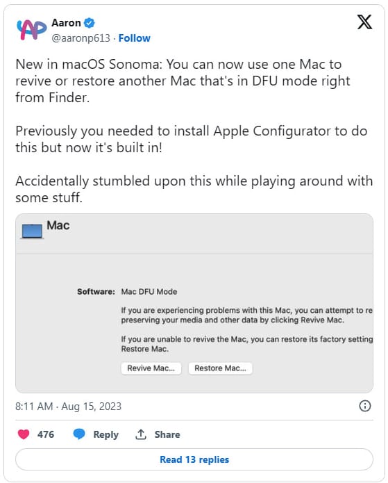 macOS Sonoma 让DFU模式下还原Mac变得更方便