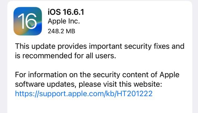 苹果针对iPhone手机推送 iOS 16.6.1 固件
