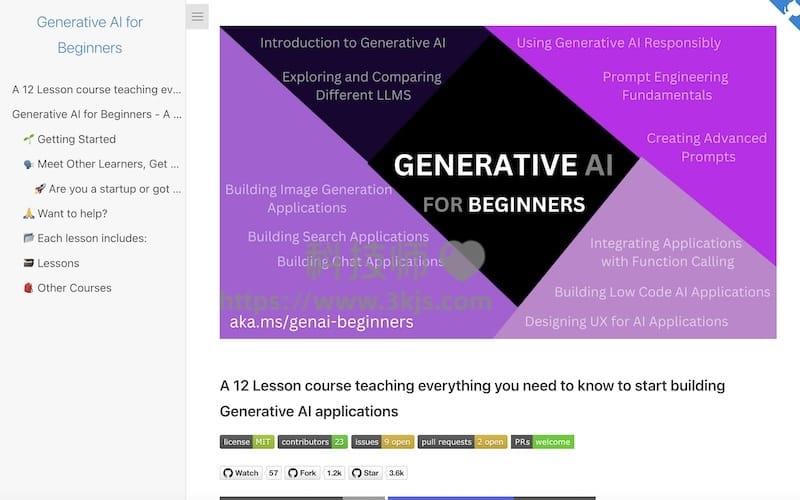 Generative AI for Beginners - 微软出品的生成式AI入门学习网站
