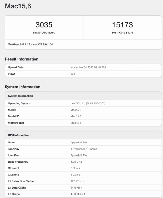 苹果 M3 Pro 处理器Geekbench跑分出炉： 仅比 M2 Pro 只快6%