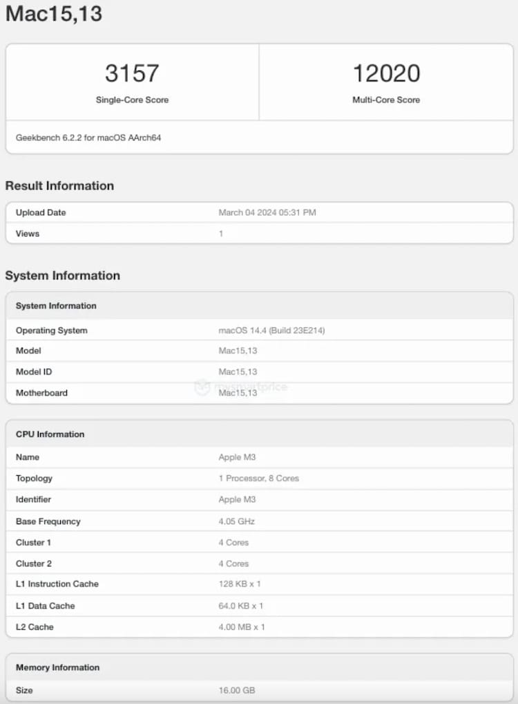 M3版 MacBook Air Geekbench跑分曝光