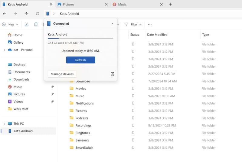 Windows 11文件资源管理器将整合安卓，无线管理安卓手机文件