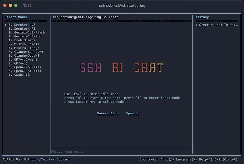 SSH AI Chat:基于SSH的AI聊天工具,通过 SSH 与 AI 互动