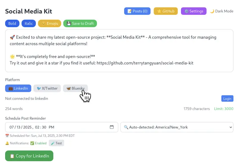 Social Media Kit:社交媒体自动化工具,一键发布LinkedIn/Twitter等多平台内容