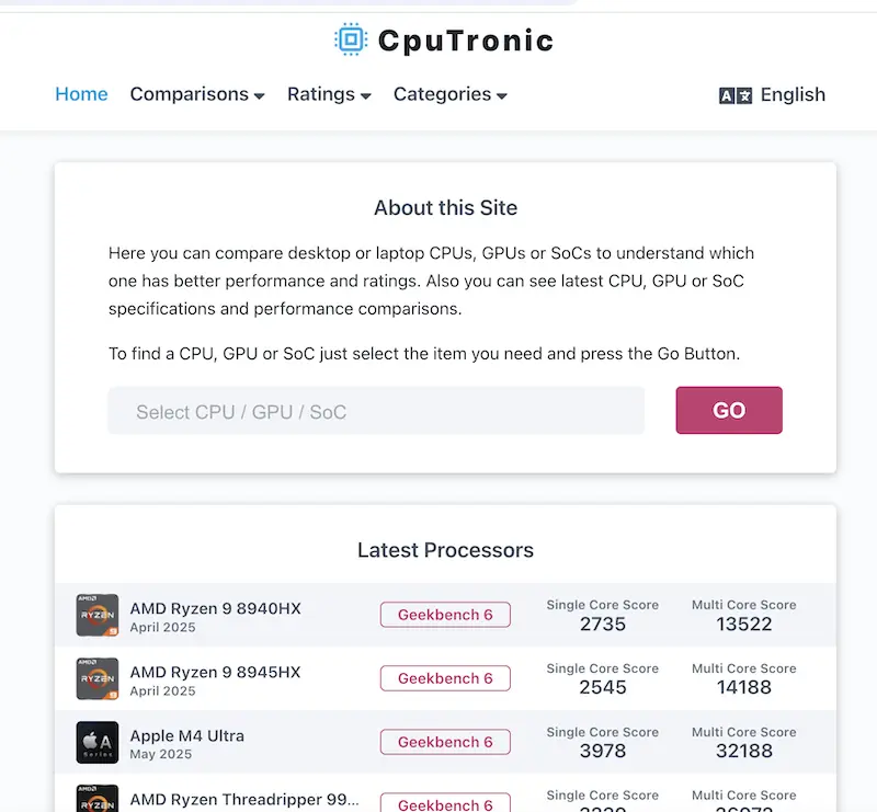 CpuTronic 处理器跑分数据库:提供CPU/GPU/SoC性能排行榜与跑分对比数据