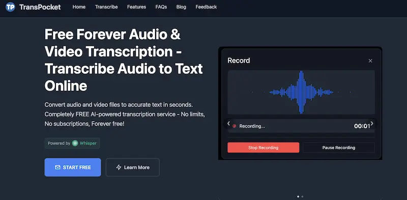 TransPocket：在线录音转录文字软件，在线将音频和视频转录为文字