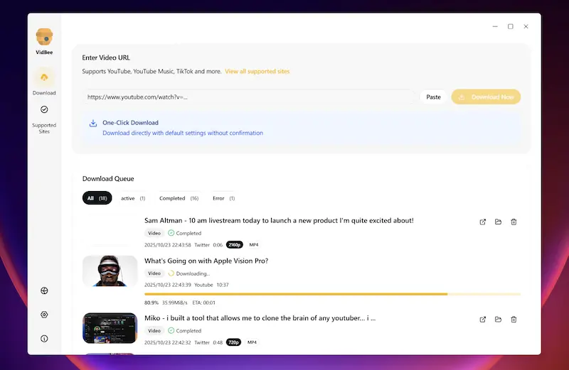 VidBee：免费好用的在线视频下载器，支持windows/macOS/Linux
